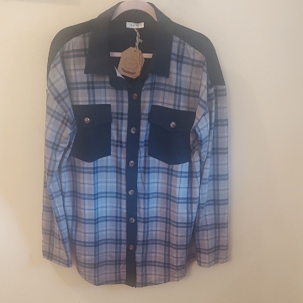 Women's Blue Plaid Button-Down Shirt with Black Contrast Pockets